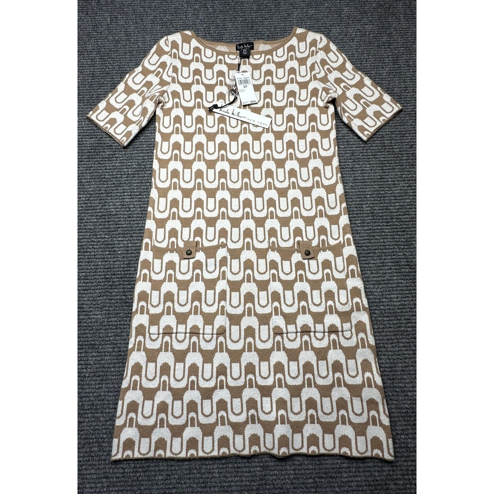 Nicole Miller New York Dress Womens XS Beige Geometric‎ Knit Shift Pockets New